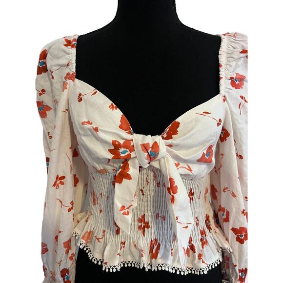 NWT Zara Linen Blend Floral Print Ruched Cream Print Blouse xs - Picture 3 of 12